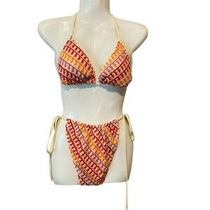 Envya Women’s Red and Yellow Crochet Bikini Swimwear Sz-Large